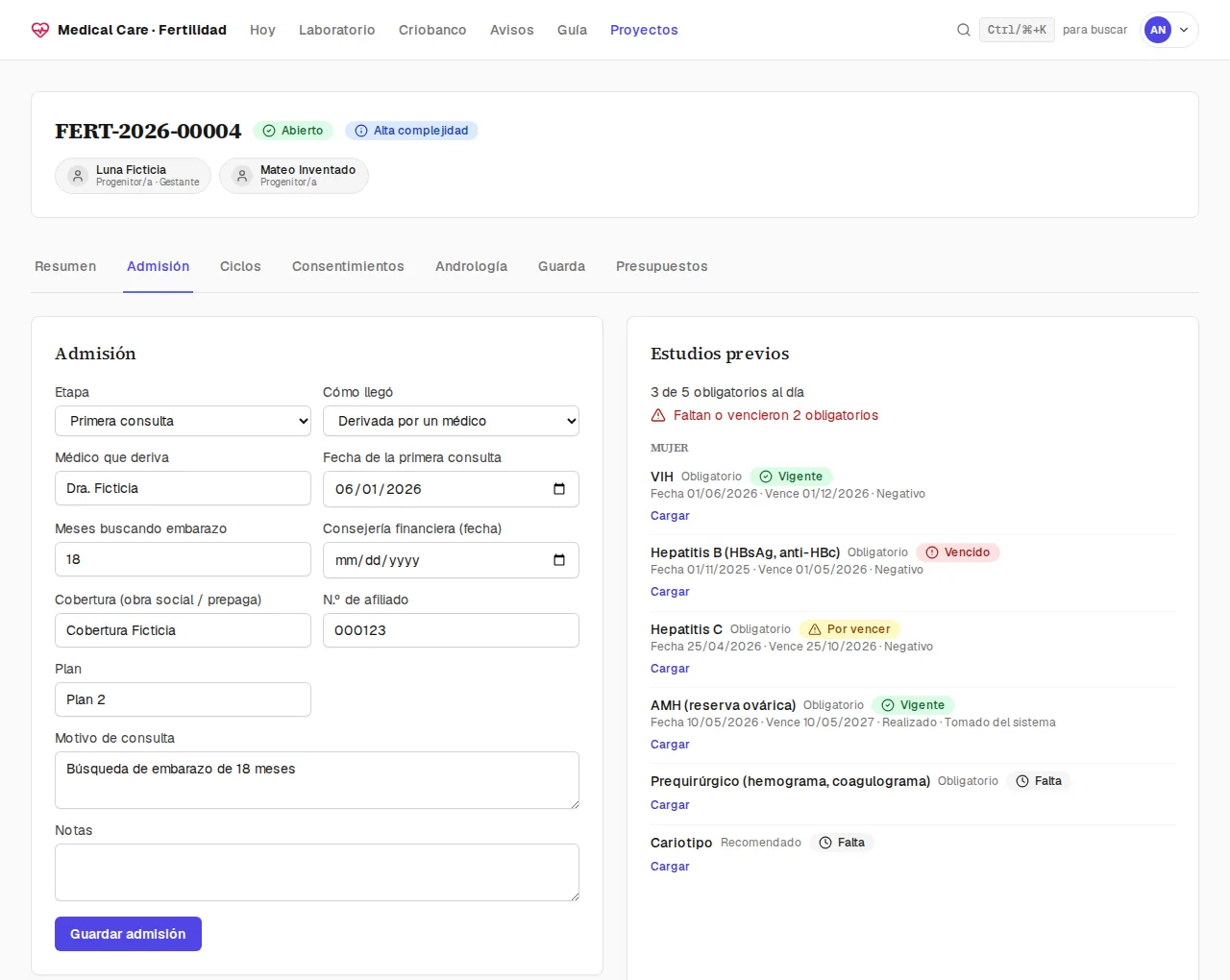 Admisión del proyecto con la lista de estudios previos y sus vencimientos