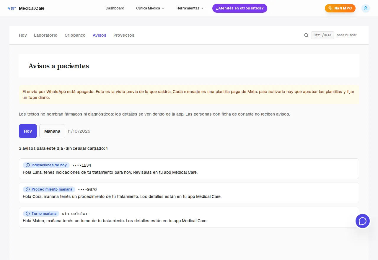 Vista previa de los avisos a pacientes