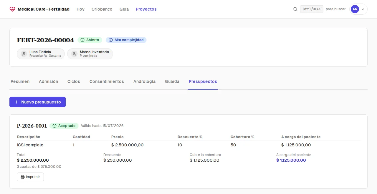Presupuesto por paquete con cuotas y estado