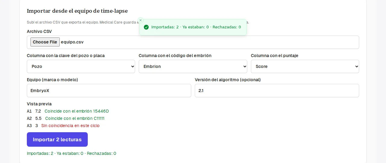Importación del archivo del equipo de time-lapse