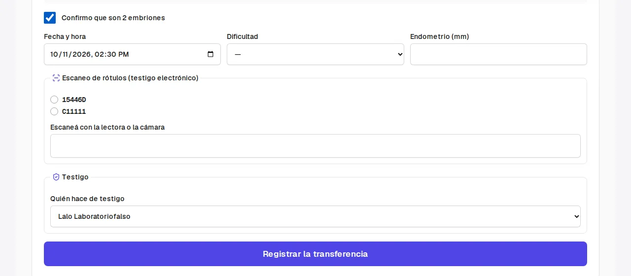 Transferencia con escaneo de los embriones y testigo